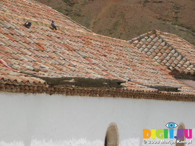 27892 Roofs and worn wooden water drains Iglesa Santa Maria Church Betancuria